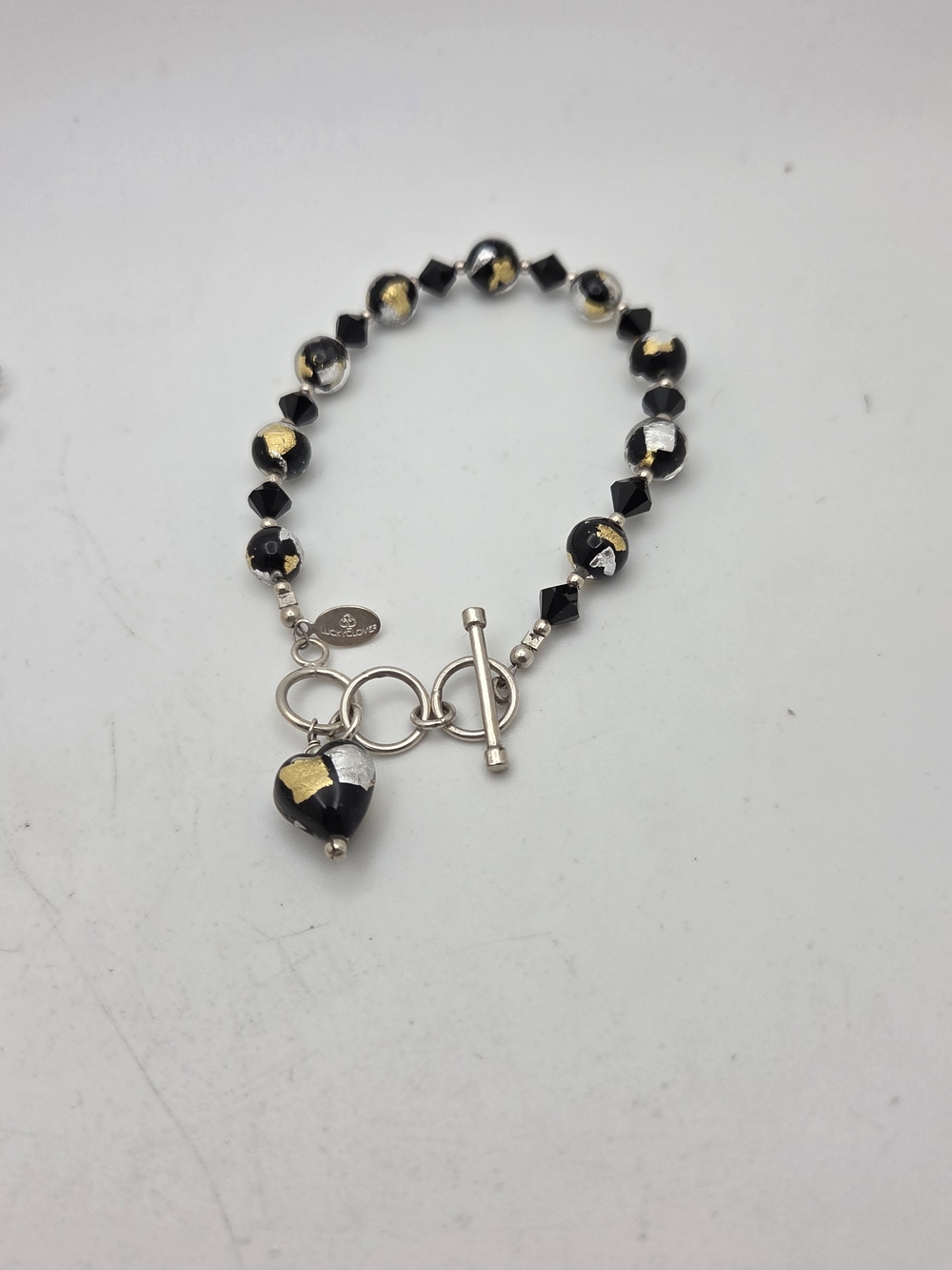 Murano Black Glass Bracelet with Gold & Silver Leaf Heart Charm